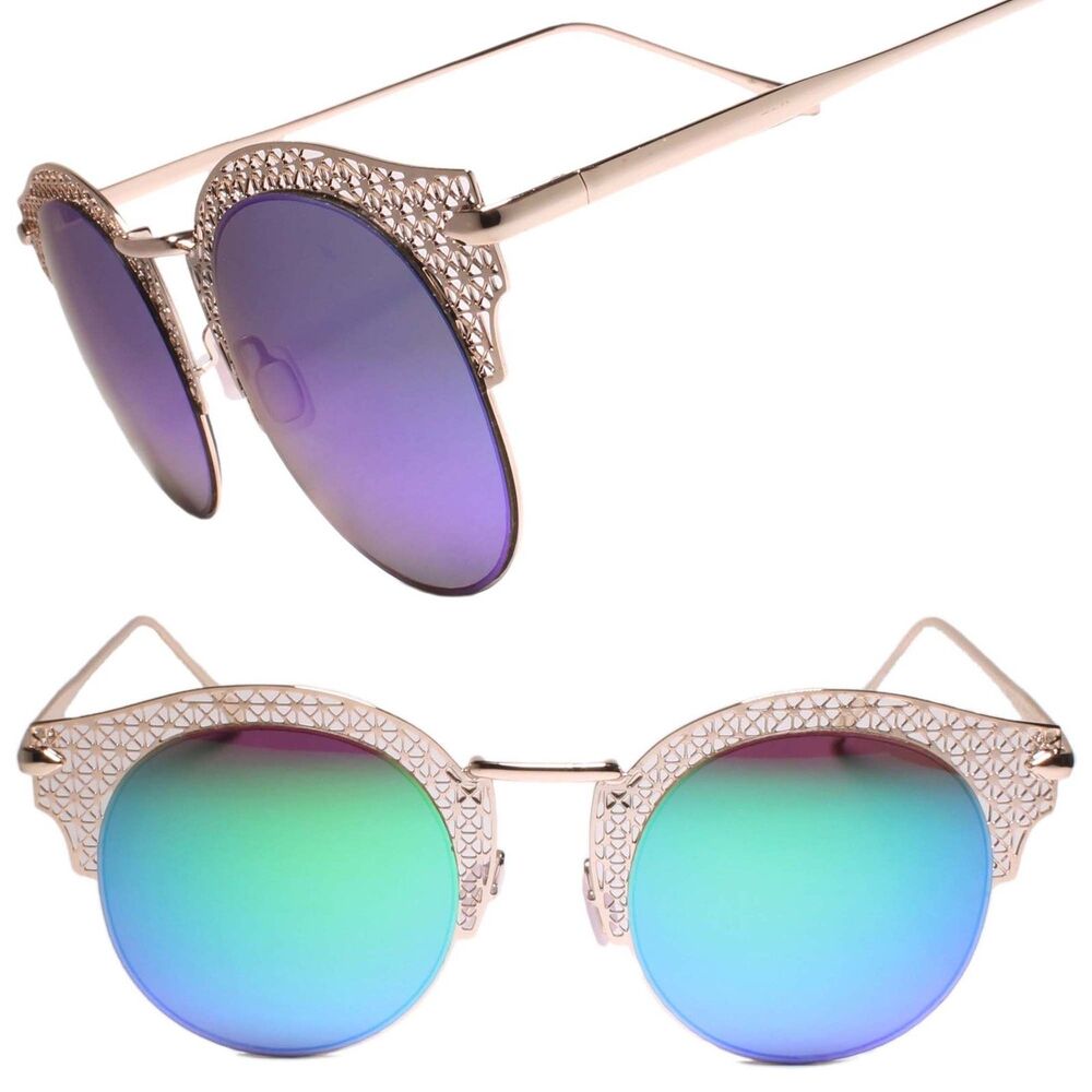 Modern Sophisticated Green Mirrored Round Lens Sunglasses Gold Laser Cut Frame